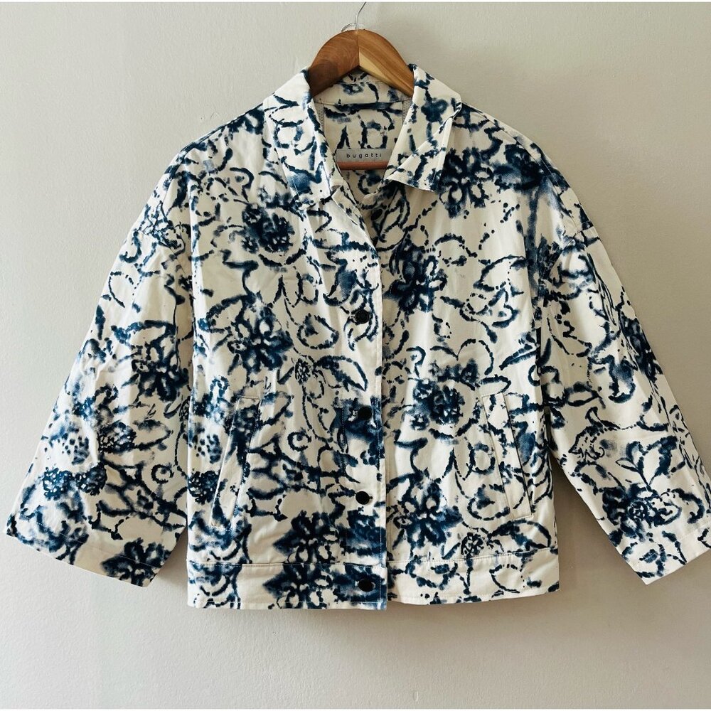 Bugatti Sz M Cream Navy Floral Italian Cotton Denim Crop Jacket Navy Pockets